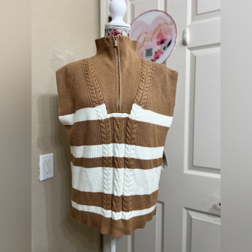 Ellen Tracy Tan and Cream Cowl Neck Sweater
